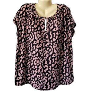 Notations 2X Plus Top Blouse Dressy Animal Print pink black rhinestones keyhole